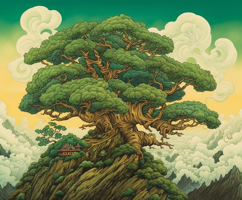 线描国潮风祥云和山上的绿色大树松树树木插画,插画/手绘图,插画/手绘图库,插画/手绘图下载,插画/手绘